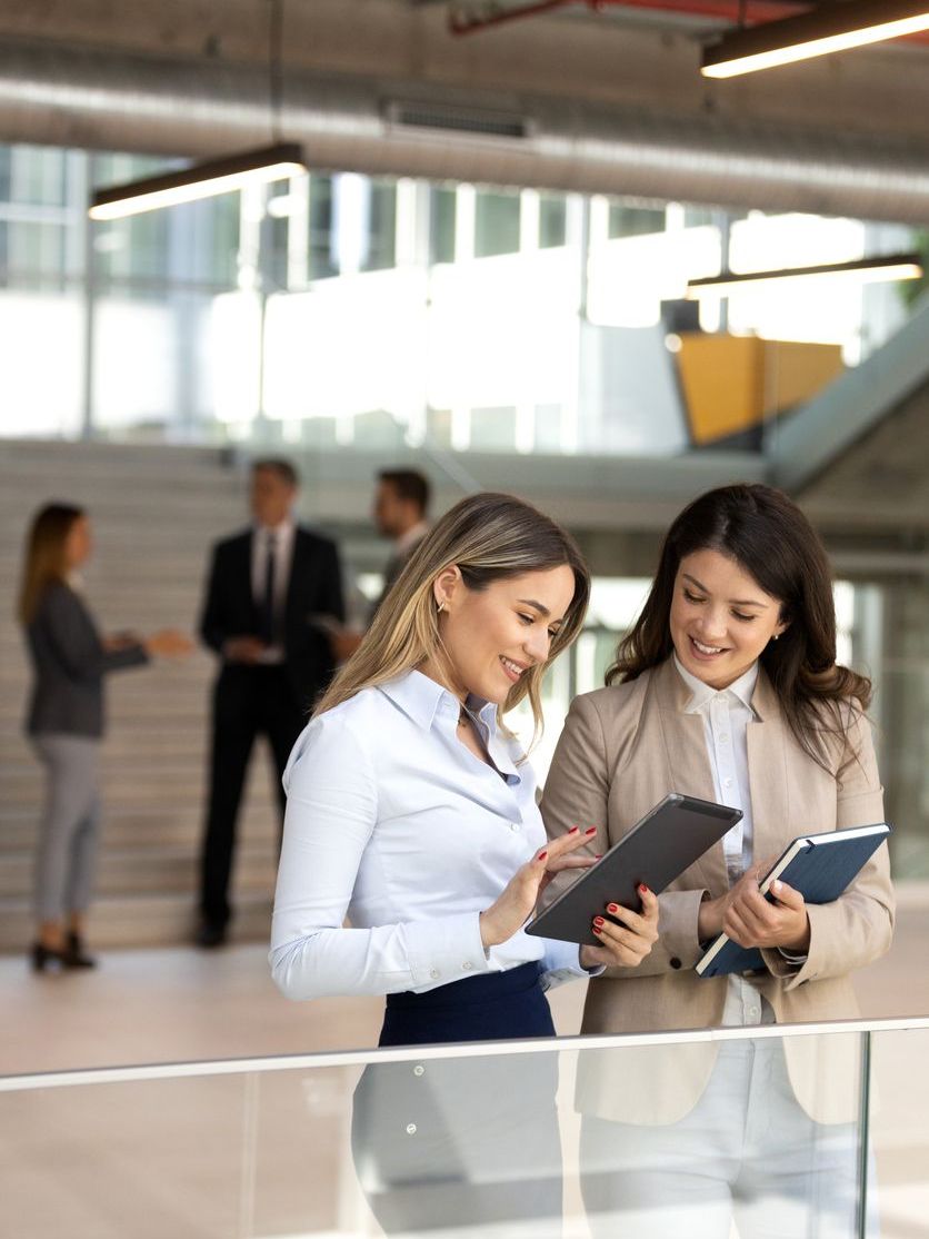 Two professional businesswomen working together on a project.